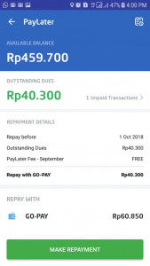 PayLater from Go-Jek available only for Go-Foo. Having credit up to Rp500,000, users can pay bills by the end of the month with zero interest