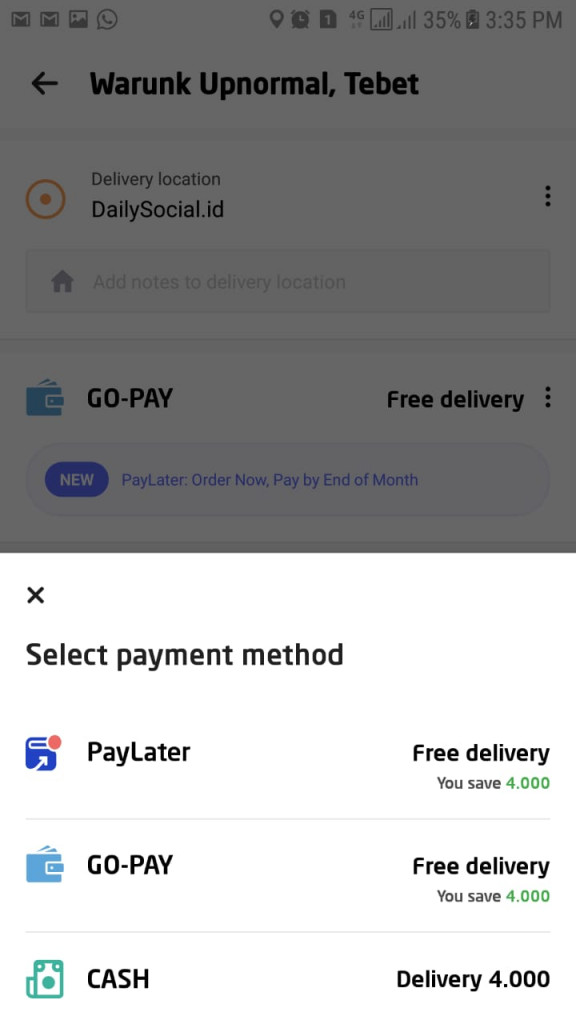 PayLater dari Go-Jek baru bisa dipakai untuk layanan Go-Food. Memiliki limit maksimal Rp500 ribu, pengguna bisa membayar tagihan pada akhir bulan tanpa bunga