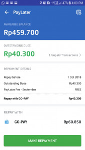 PayLater dari Go-Jek baru bisa dipakai untuk layanan Go-Food. Memiliki limit maksimal Rp500 ribu, pengguna bisa membayar tagihan pada akhir bulan tanpa bunga