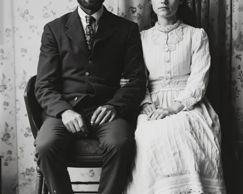 Black-and-white vintage-style portrait of a man and woman sitting side by side on a chair. The man wears a dark suit with a patterned tie and boots, while the woman wears a light, long-sleeved, lace-trimmed dress. Both face the camera with neutral expressions, against a floral curtain backdrop.