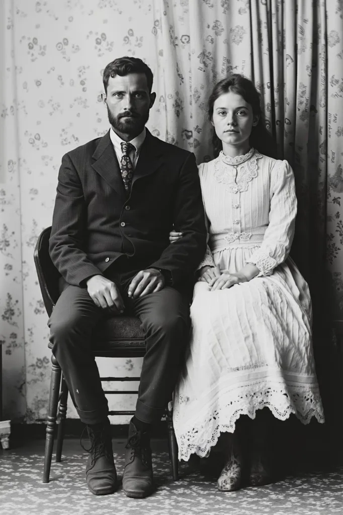 Black-and-white vintage-style portrait of a man and woman sitting side by side on a chair. The man wears a dark suit with a patterned tie and boots, while the woman wears a light, long-sleeved, lace-trimmed dress. Both face the camera with neutral expressions, against a floral curtain backdrop.