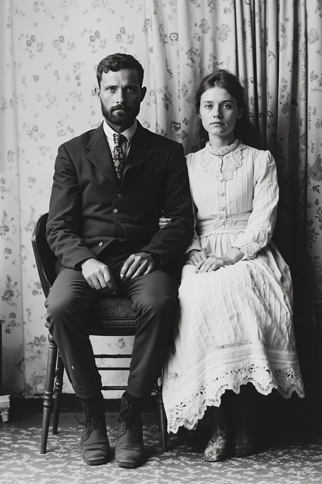 Black-and-white vintage-style portrait of a man and woman sitting side by side on a chair. The man wears a dark suit with a patterned tie and boots, while the woman wears a light, long-sleeved, lace-trimmed dress. Both face the camera with neutral expressions, against a floral curtain backdrop.